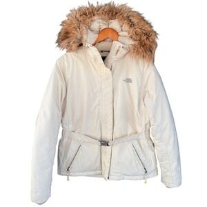 The North Face Y2K Cream Puffer Jacket Belted Faux‎ Fur Hood Snorkel Winter Coat